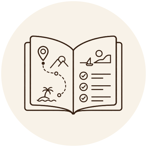 Open book with a map route, checklist, mountain, and sailboat illustrations.