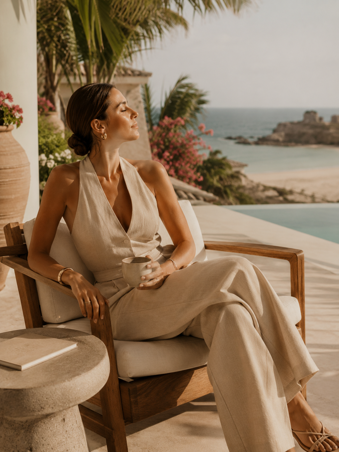 Woman relaxing on a outdoor patio, holding a mug, with beach and ocean in the background, surrounded by pink flowers and palm trees.