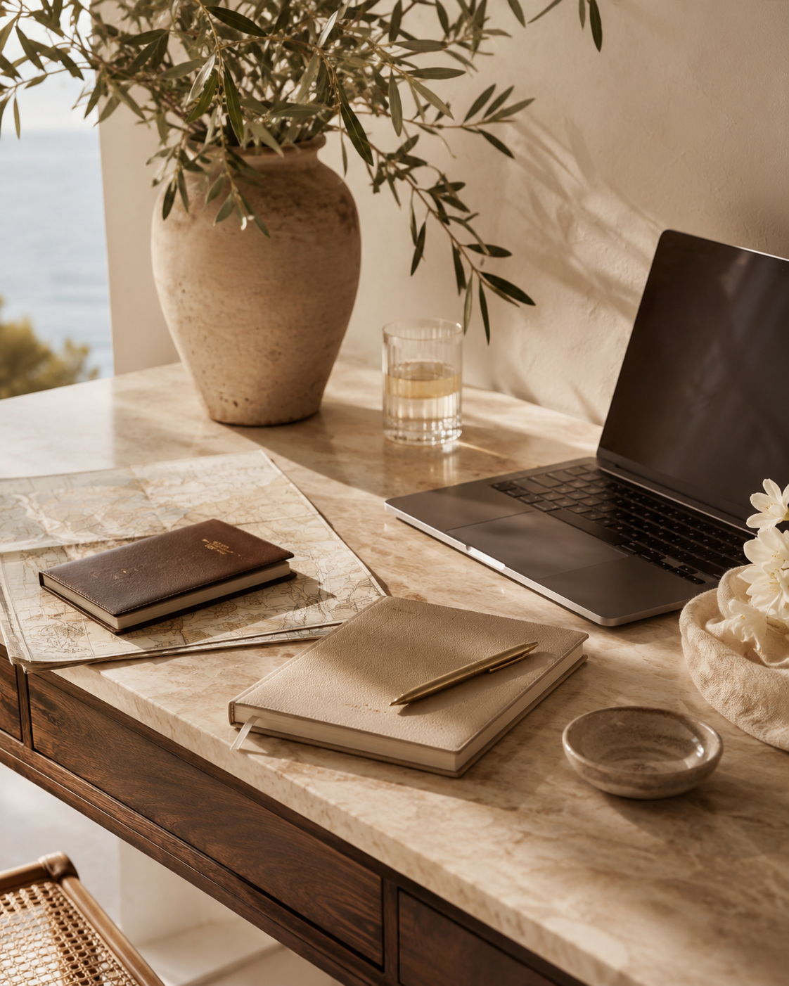 A desk with a large potted plant, a laptop, notebooks, maps, a pen, a glass of water, and a small bowl, with sunlight casting shadows and a view of the water outside.