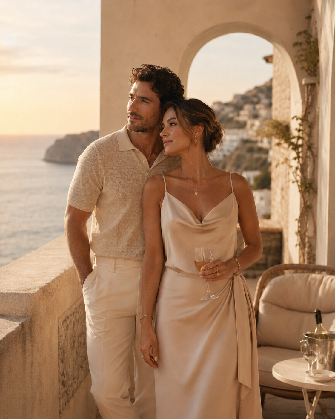 A couple stands close together on a balcony overlooking the ocean at sunset, with a Mediterranean town in the background. The woman is holding a glass of white wine and wearing a silk dress, while the man is wearing a light-colored polo shirt and pants.