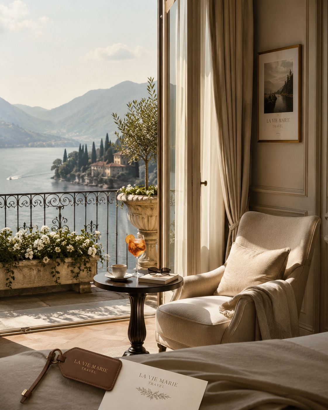 A cozy interior with a cream armchair, a small round table with a drink, sunglasses, and a book, overlooking a balcony with potted plants and flowers, and a scenic lake and mountains in the background.