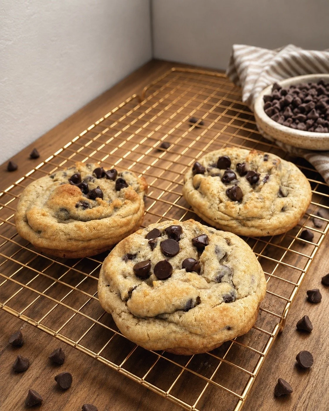 Three chocolate chip cookies on a cooling rack, surrounded by scattered chocolate chips, with a bowl of chocolate chips and a striped cloth in the background.