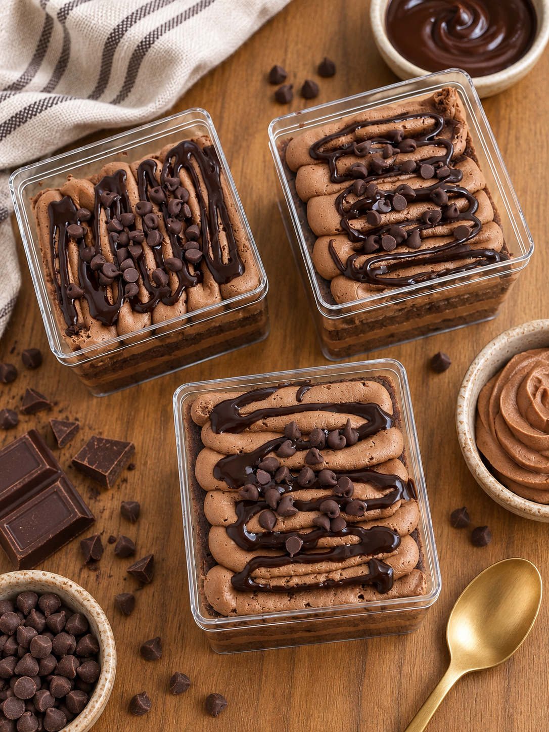 Three containers of chocolate mousse topped with chocolate chips and chocolate drizzle on a wooden table with scattered chocolate chips and pieces of chocolate, a bowl of chocolate pudding, and a gold spoon.