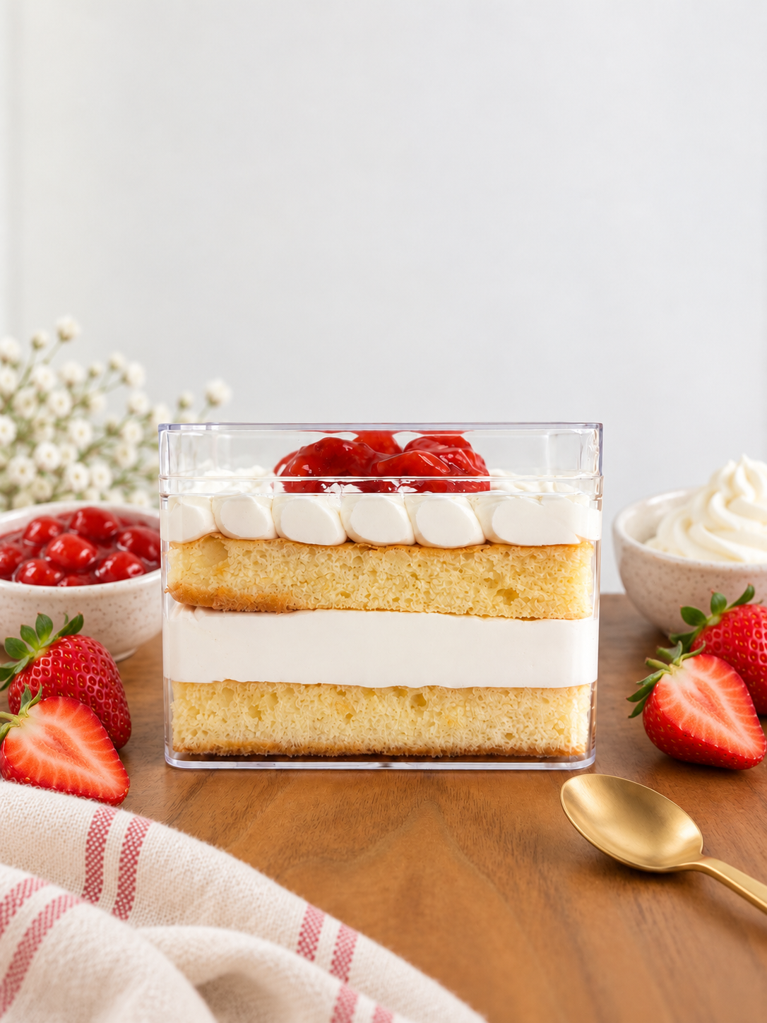 A layered strawberry shortcake dessert in a rectangular clear container, topped with whipped cream and strawberries, with strawberries and bowls of whipped cream nearby on a wooden table.