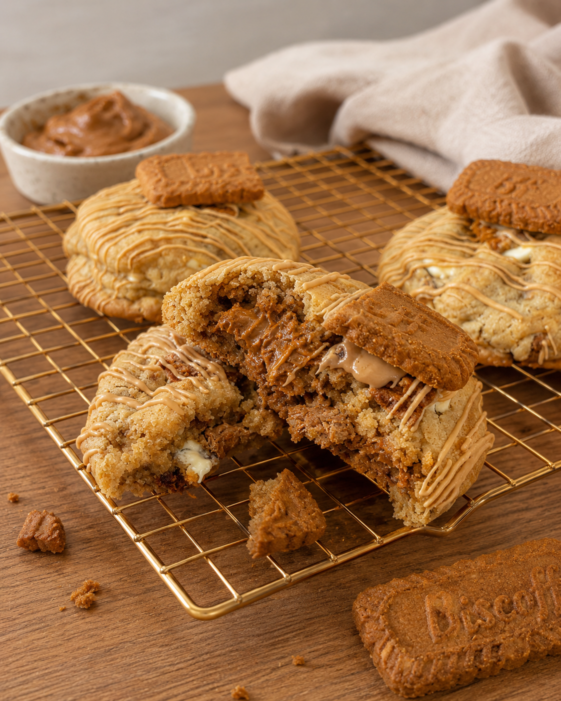 Close-up of various cookies, some broken open to reveal caramel and cookie filling, placed on a wire cooling rack on a wooden surface with a small bowl of caramel sauce and a beige cloth in the background.