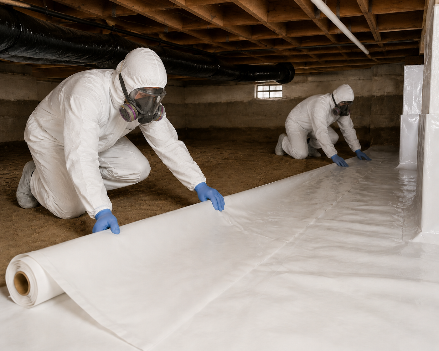 Two workers in white protective suits, masks, and goggles are rolling out a large sheet of plastic or vapor barrier on the ground in an unfinished basement with exposed wooden beams and black ductwork.