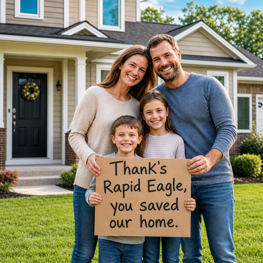 A happy family of four, two adults and two children, standing in front of a house, holding a sign that says 'Thank's Rapid Eagle, you saved our home.'