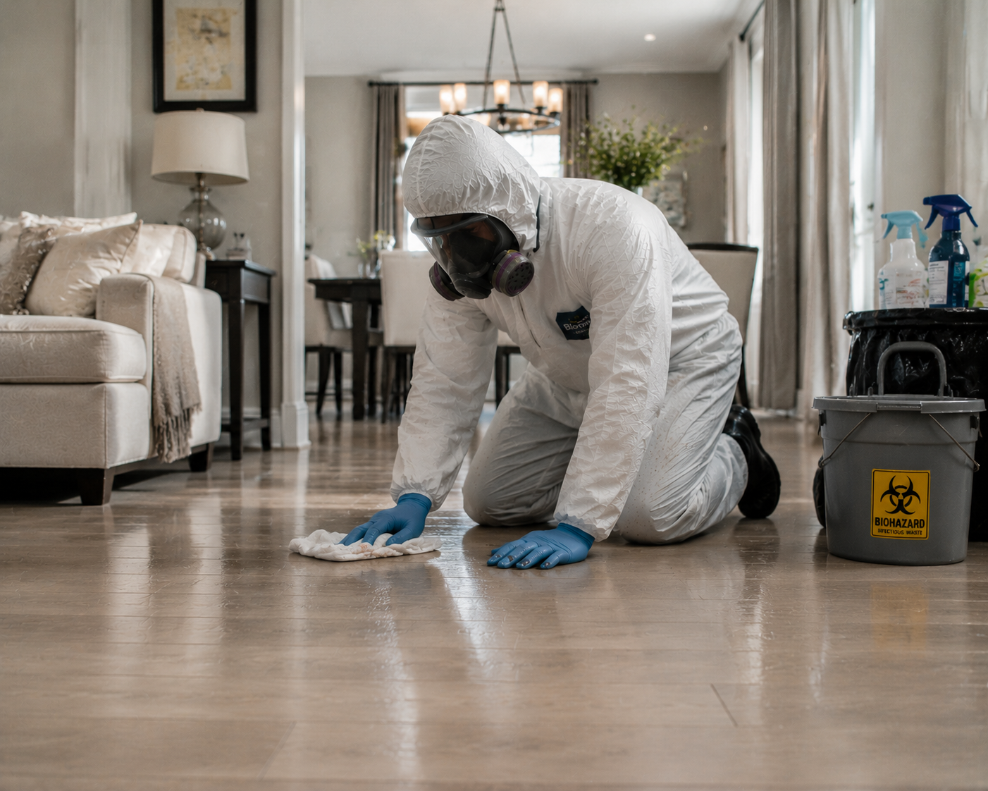 Person dressed in hazmat suit, mask, and gloves cleaning a hardwood floor in a living room with cleaning supplies and biohazard waste container nearby.