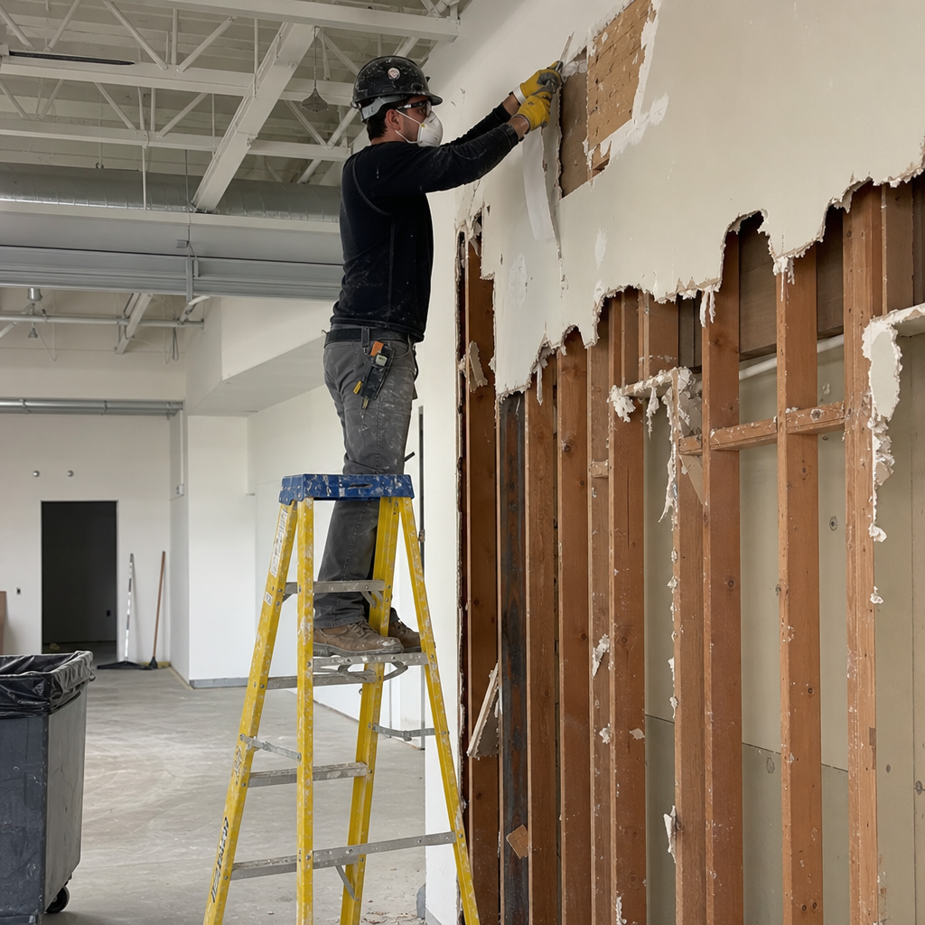 A construction worker standing on a yellow ladder removing drywall from a wall in a building under renovation. The worker is wearing a black helmet, face mask, gloves, and work clothes.
