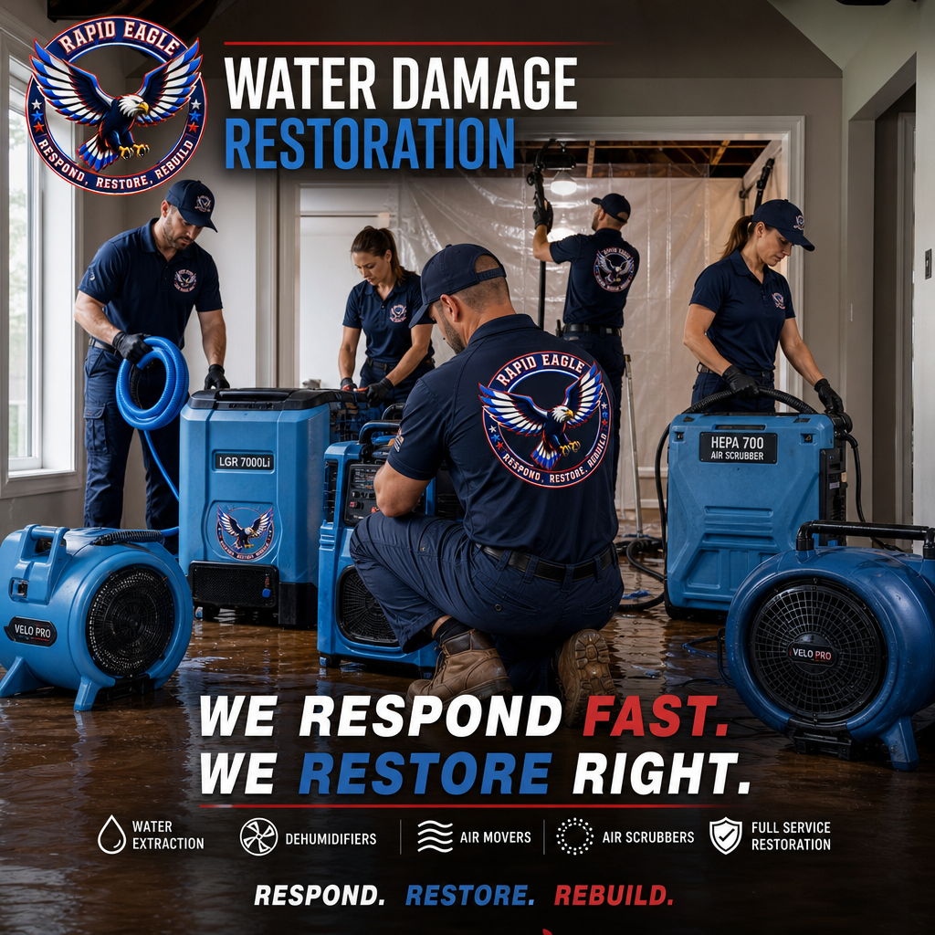 A team of restoration professionals in navy uniforms working with water extraction and air cleaning equipment during water damage restoration.