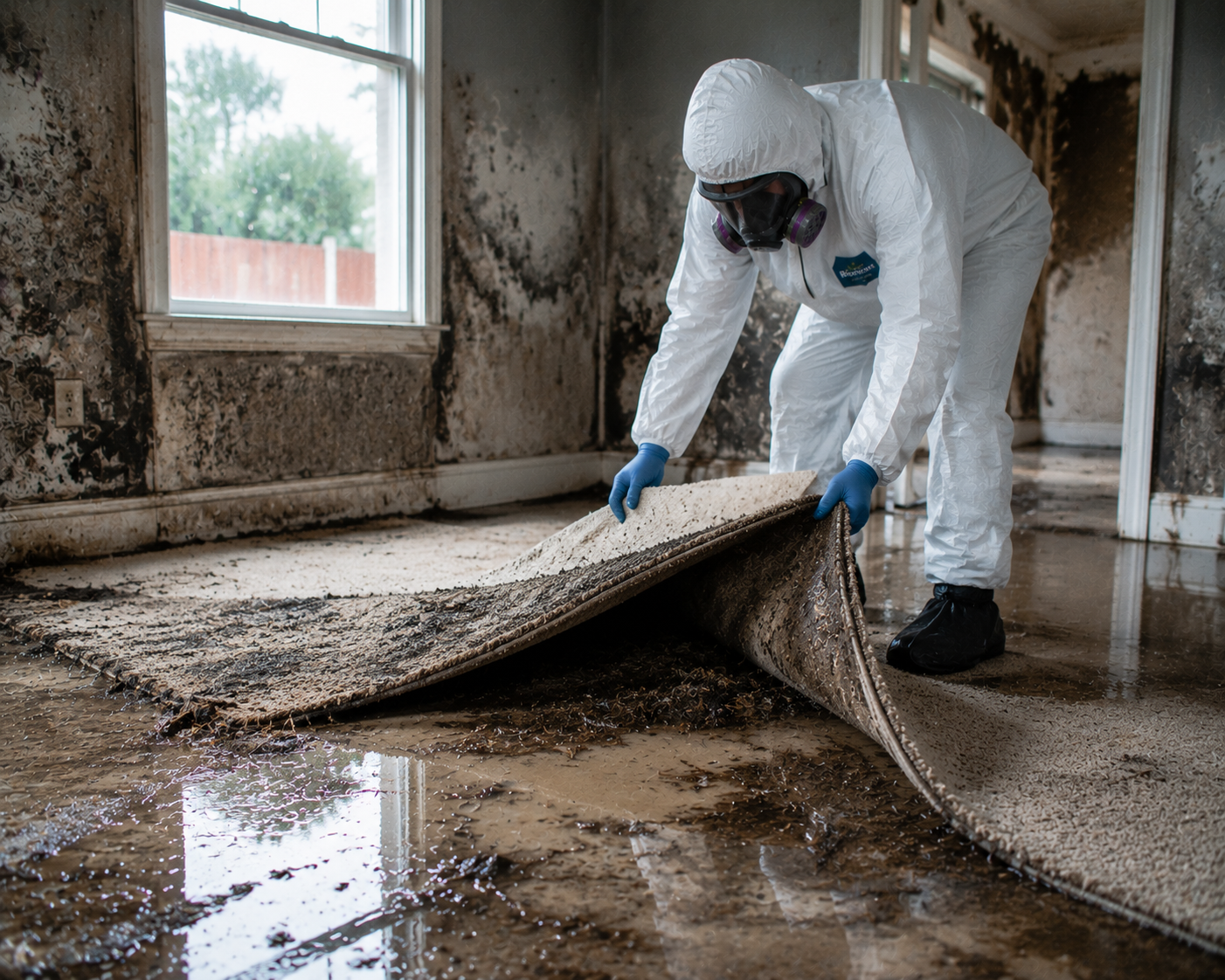 A person in protective gear, mask, gloves, and suit is removing a waterlogged carpet from a flooded room with burnt walls.