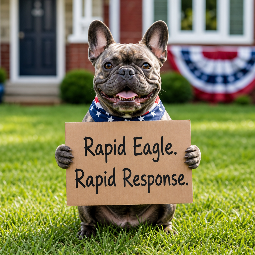 A French Bulldog wearing a patriotic bandana holding a sign that reads 'Rapid Eagle. Rapid Response.', standing on a green lawn in front of a house decorated with a red, white, and blue banner.
