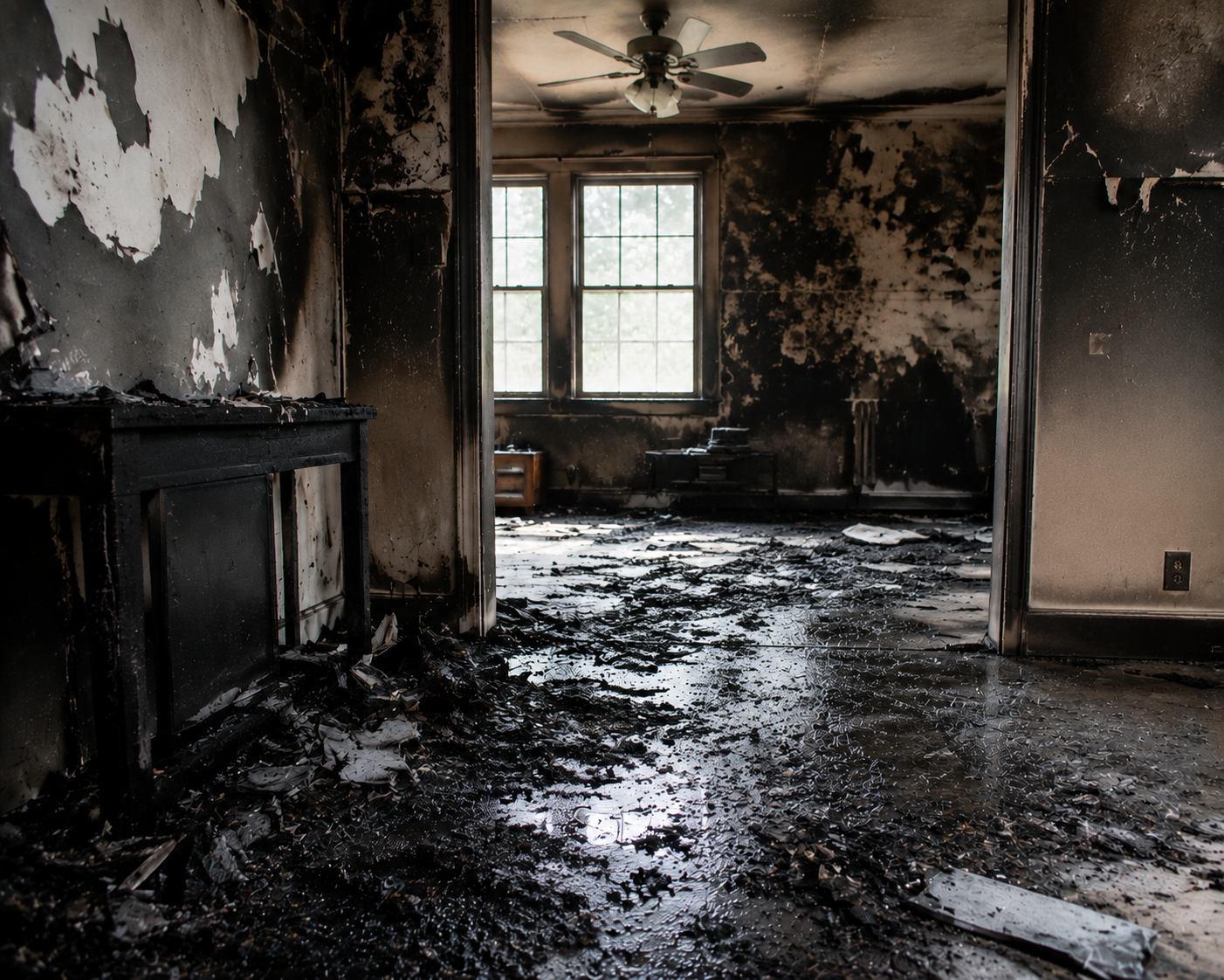 A room with blackened, charred walls and debris on the floor, showing signs of fire damage. The room has two windows letting in natural light and a ceiling fan.