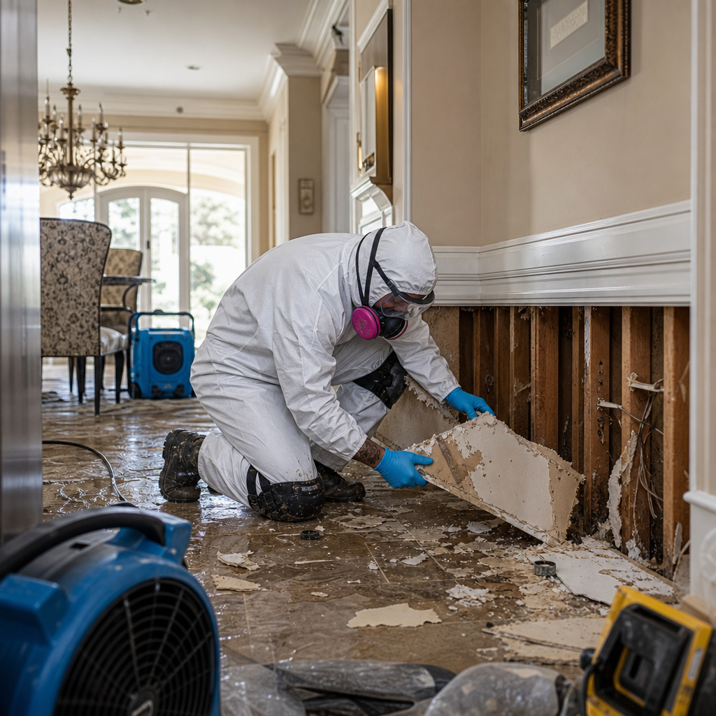 A person wearing a white protective suit, pink face mask, goggles, and blue gloves is kneeling on the floor, removing drywall from a wall in a home interior. Debris is scattered on the floor, and tools and equipment are nearby.