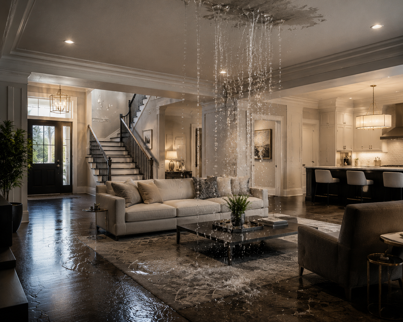 Living room with a ceiling water fountain, white sofa with pillows, dark wood coffee table with plants, patterned rug, armchair, staircase with black balustrade, open kitchen with white cabinetry and bar stools, and warm lighting.