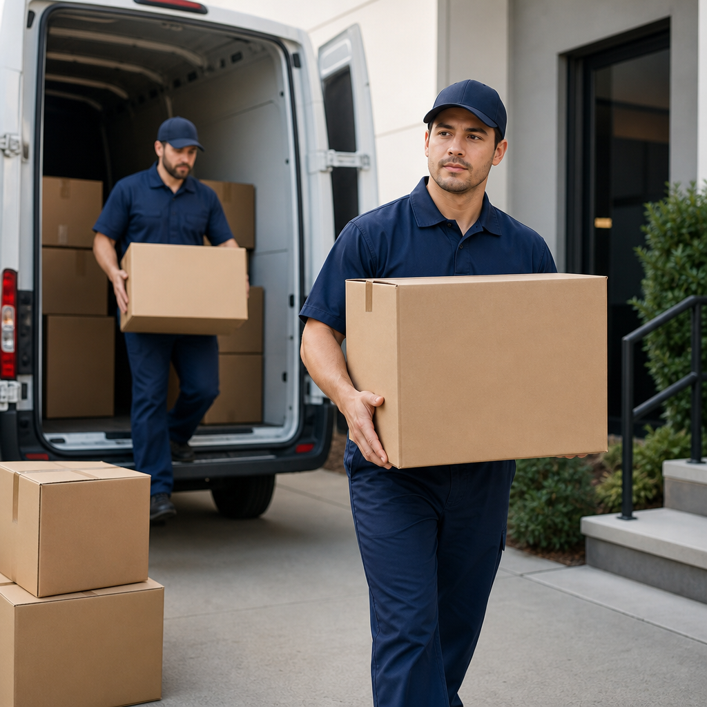 Two delivery workers in navy uniforms and caps unloading cardboard boxes from a white delivery van in front of a residential building.