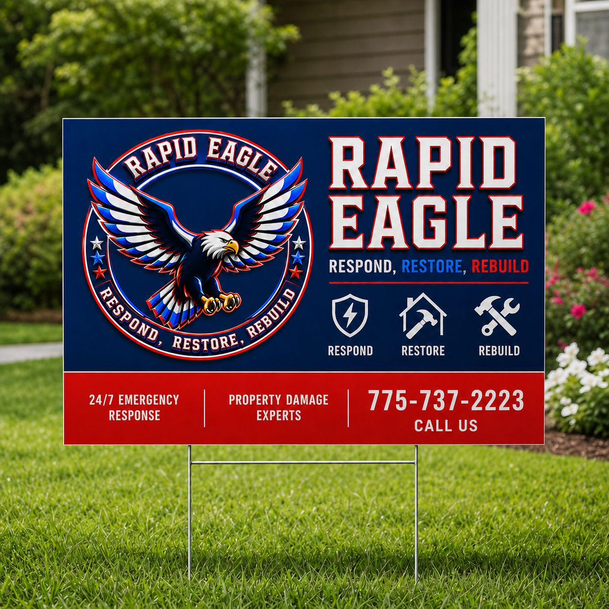 A yard sign for Rapid Eagle services, featuring a logo with an eagle and the words 'Respond, Restore, Rebuild.' The sign offers 24/7 emergency response, property damage experts, and includes a phone number 775-737-2223.