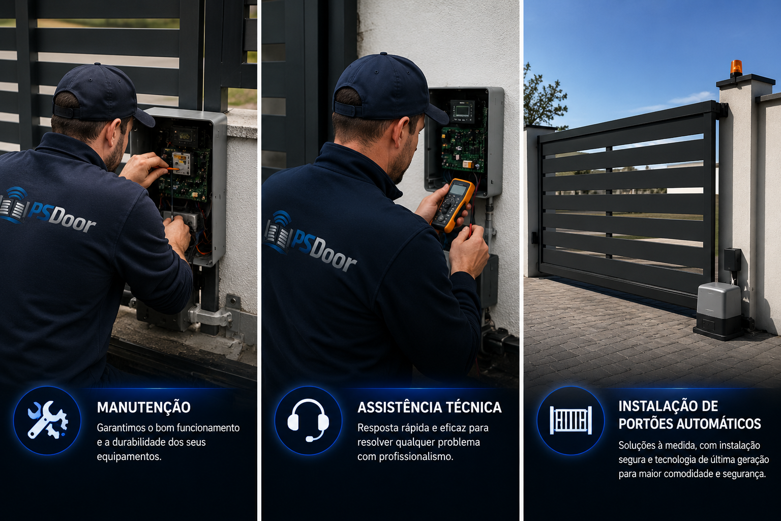Imagem dividida em três partes, mostra um técnico instalando e realizando manutenção em um portão automático. A primeira parte mostra o técnico trabalhando na parte interna do portão, a segunda parte mostra o técnico usando um multímetro para teste e diagnóstico, a terceira parte exibe a instalação do portão automático em uma entrada com espaço pavimentado.
