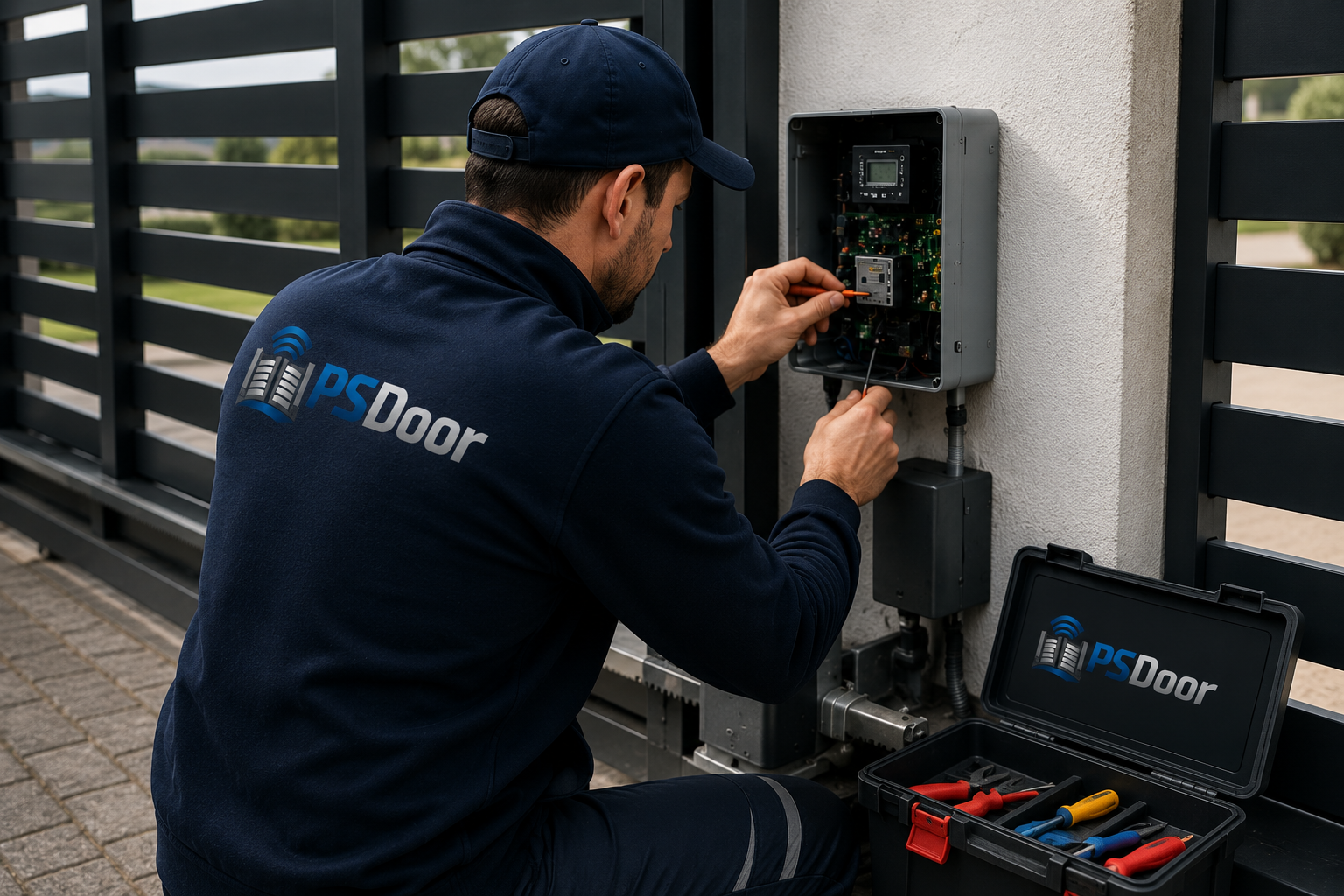 Homem trabalhando na instalação ou manutenção de um sistema eletrônico, com o logotipo 'PSDoor' na roupa e uma caixa de ferramentas ao lado, ao ar livre.