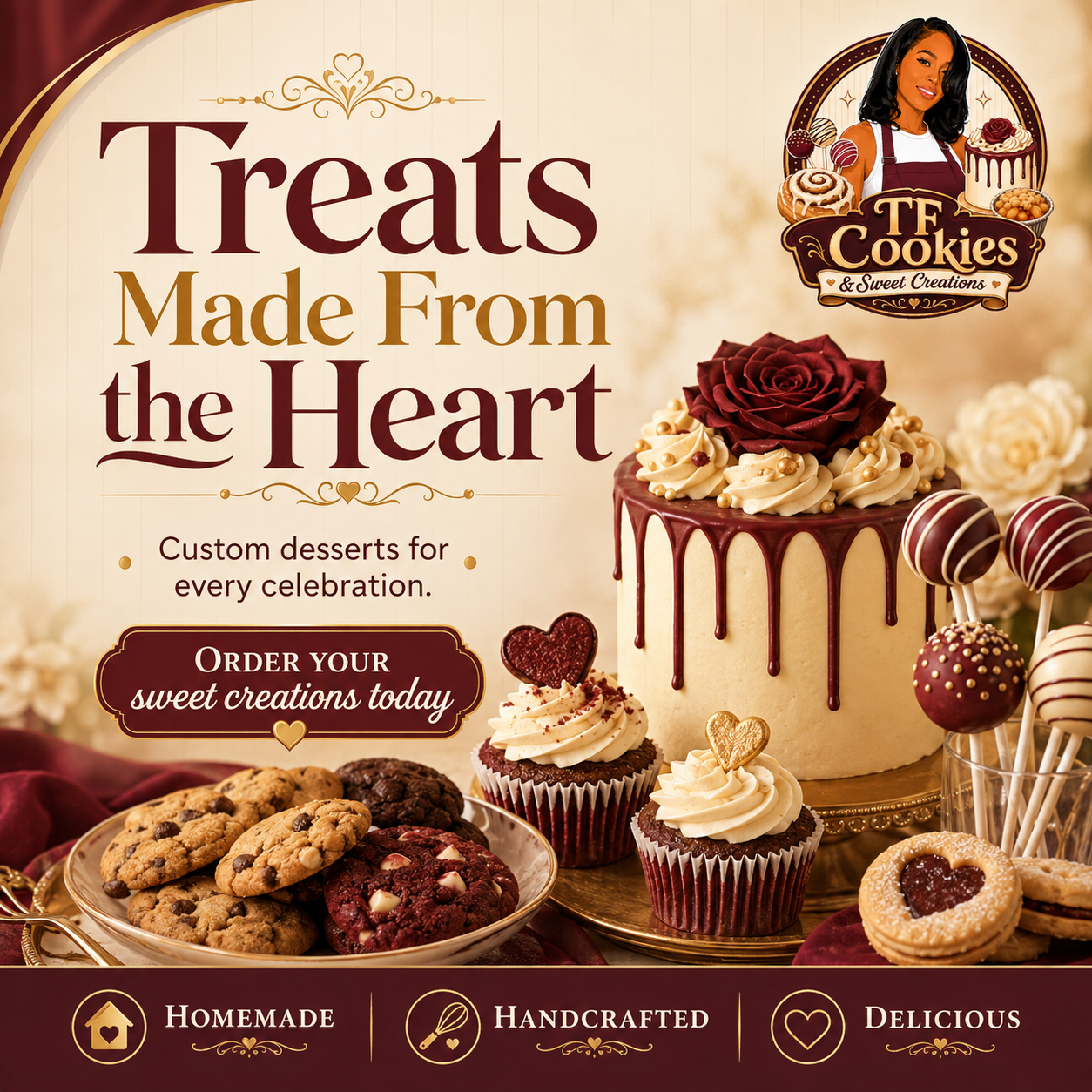 A promotional image for TF Cookies and sweet creations featuring the slogan "Treats Made From the Heart". The image displays a variety of baked goods including cupcakes with cream frosting and heart-shaped toppers, cookies, and a decorated cake topped with a large red rose. The background is warm beige with gold accents, and the bottom highlights words "Homemade," "Handcrafted," and "Delicious".