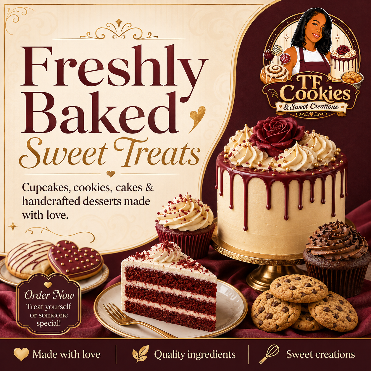 Advertisement for freshly baked sweet treats including cakes, cookies, cupcakes, and handcrafted desserts. Features a large decorated cake, cupcakes, cookies, and a slice of red velvet cake. The ad promotes ordering and emphasizes love, quality ingredients, and sweet creations.