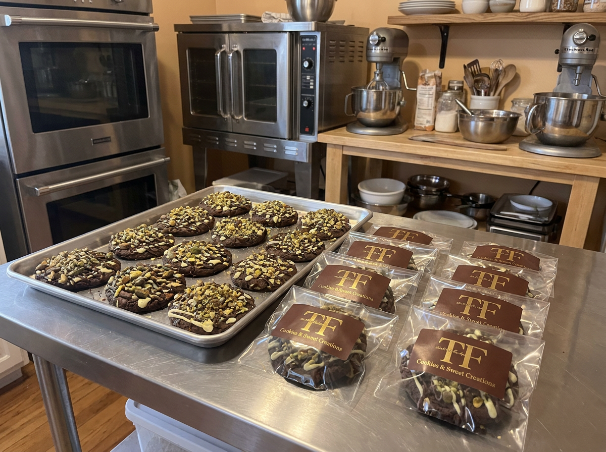 Freshly baked chocolate cookies topped with nuts and drizzle, packaged in clear bags labeled "Cookies & Sweet Creations" on a kitchen stainless steel table.