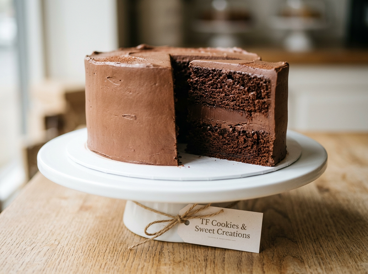 A chocolate cake with smooth chocolate frosting on a white cake stand, with one slice removed revealing three layers of moist chocolate cake and filling. The cake stand is tied with a string that holds a tag reading "TF Cookies & Sweet Creations." The background shows a cozy kitchen setting.