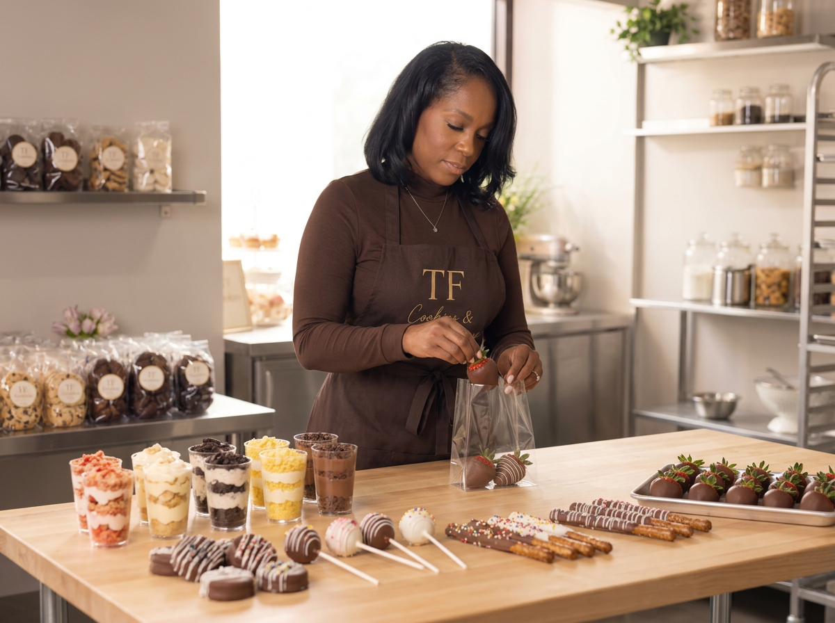 A woman decorating strawberries with chocolate and sprinkles at a bakery or dessert shop, surrounded by various desserts including parfaits, chocolate-covered treats, and cookies.