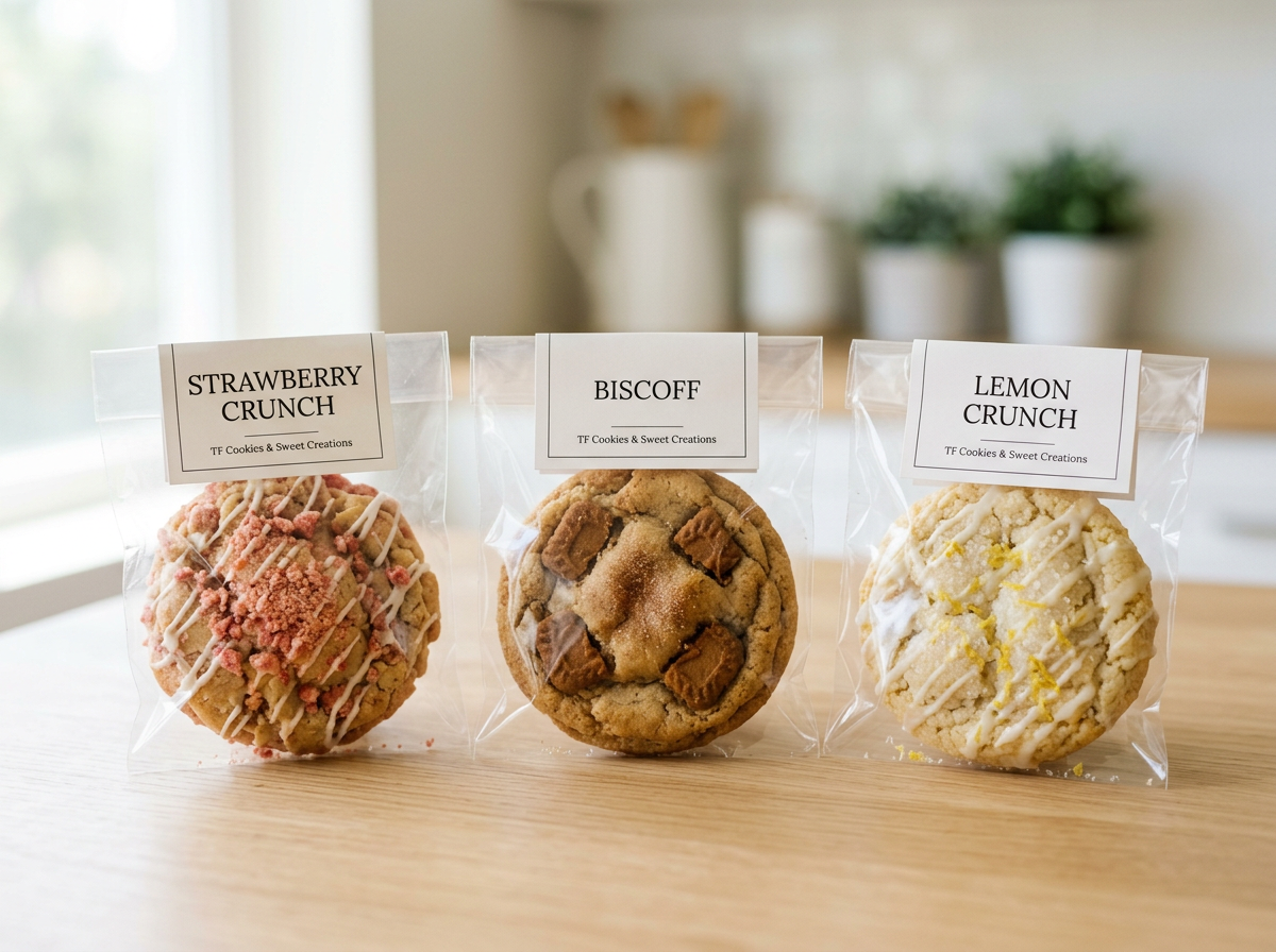 Three decorated cookies in clear plastic bags with labels for strawberry crunch, biscoff, and lemon crunch on a wooden surface in a bright kitchen setting.