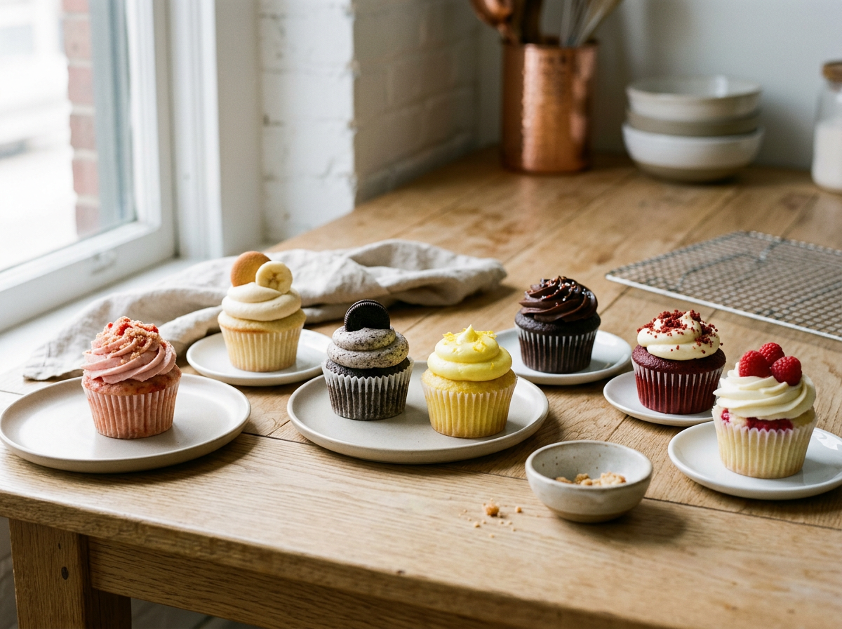 Six cupcakes with different frosting flavors and toppings on a wooden table near a window.