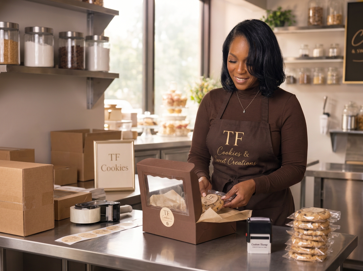 A woman in a brown apron labeled 'TF Cookies & Sweet Creations' stands at a counter, packaging cookies. There are stacked cookies in plastic bags, a small windowed box with cookies, and a framed sign reading 'TF Cookies' on the counter, with shelves of jars behind her.