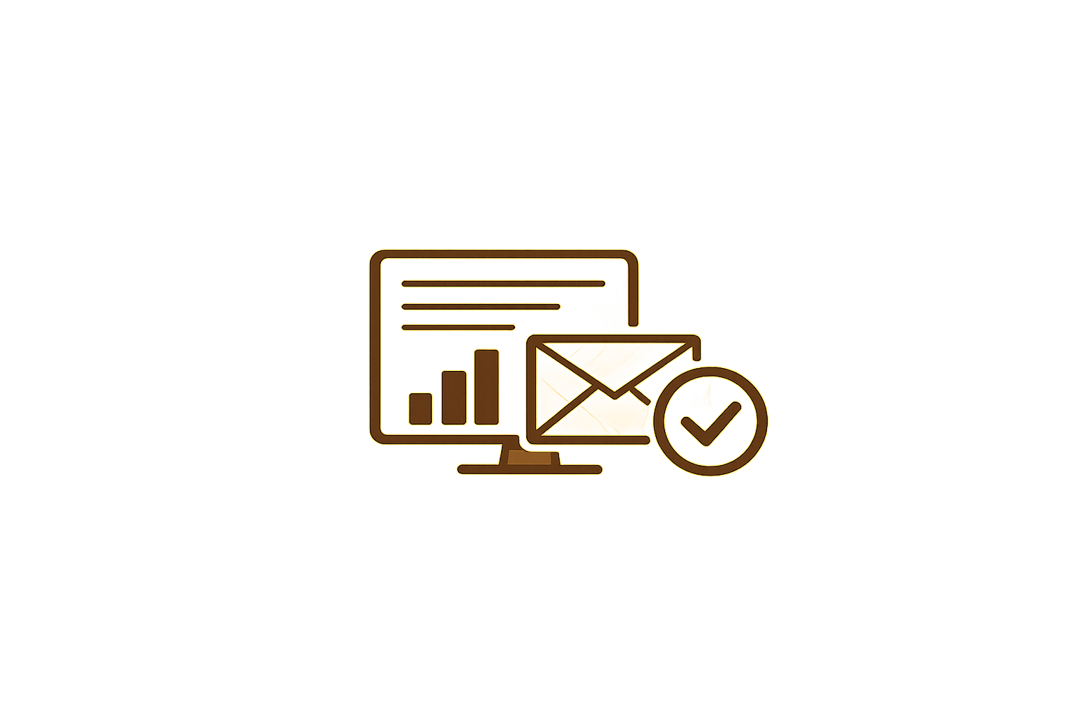 Illustration of a computer monitor displaying a bar chart and text, with an email envelope icon and a checkmark inside a circle indicating successful communication or approval.