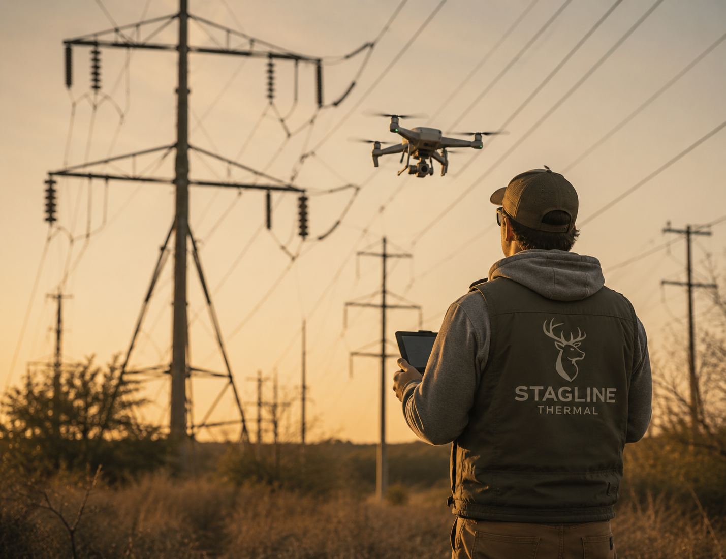 A man wearing a gray hoodie, black vest with a deer logo and the words 'STAGLINE THERMAL,' and a baseball cap operating a drone with a controller at sunset near power lines.