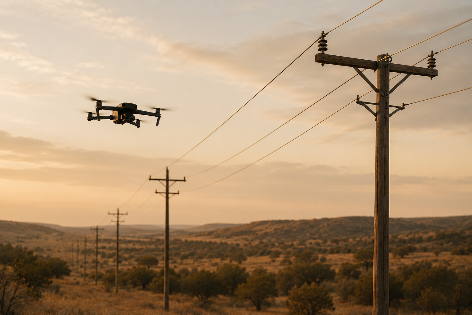A drone flying near power lines in a rural landscape during sunset.