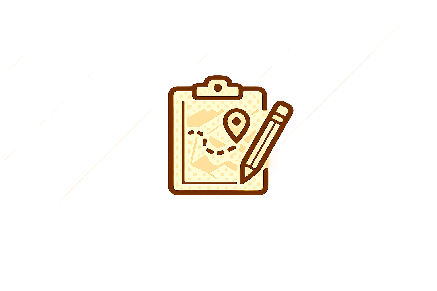 Icon of a clipboard with a map, a location pin, and a pencil on an orange background.