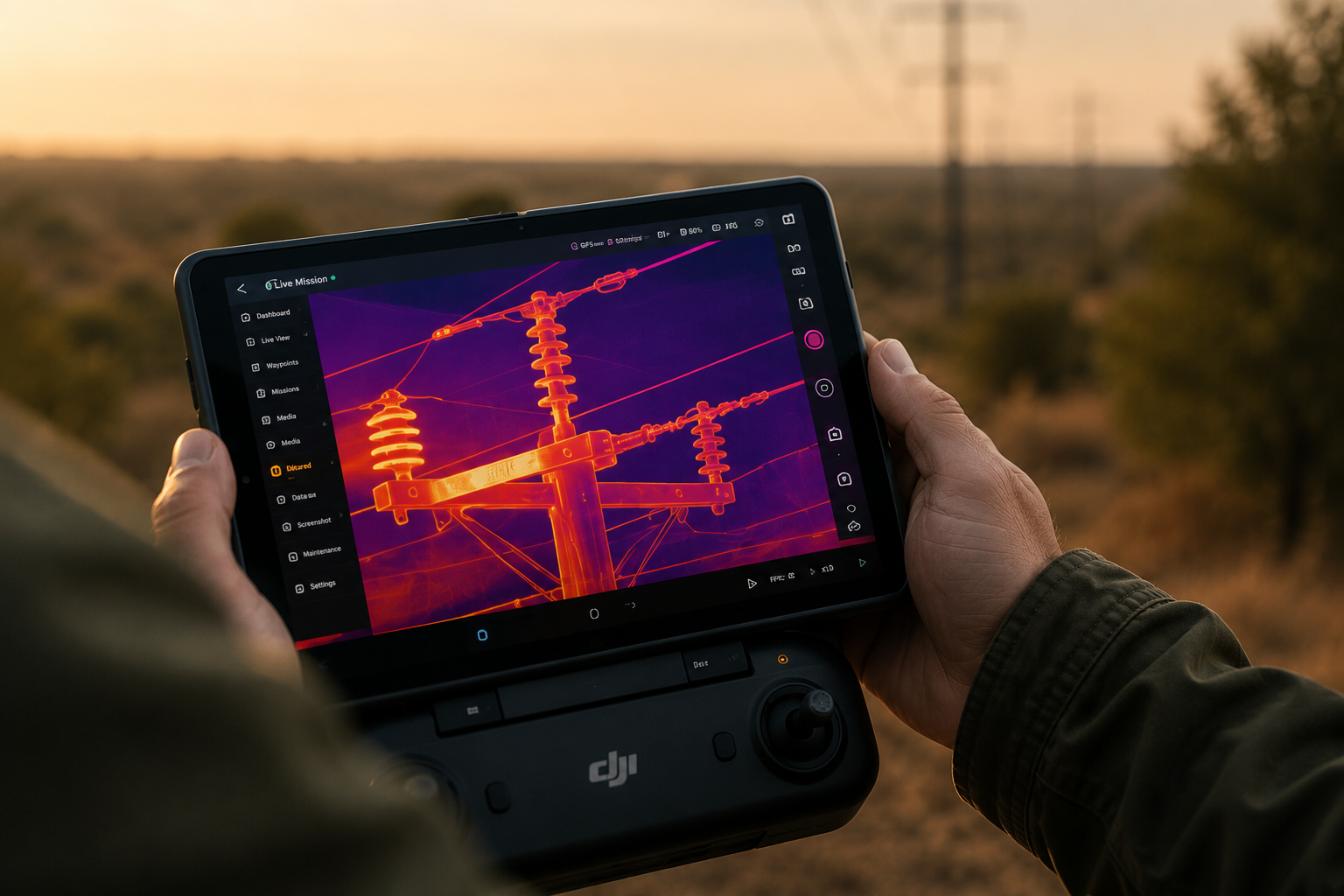 A person holding a drone controller with a tablet displaying a thermal image of power lines during sunset.