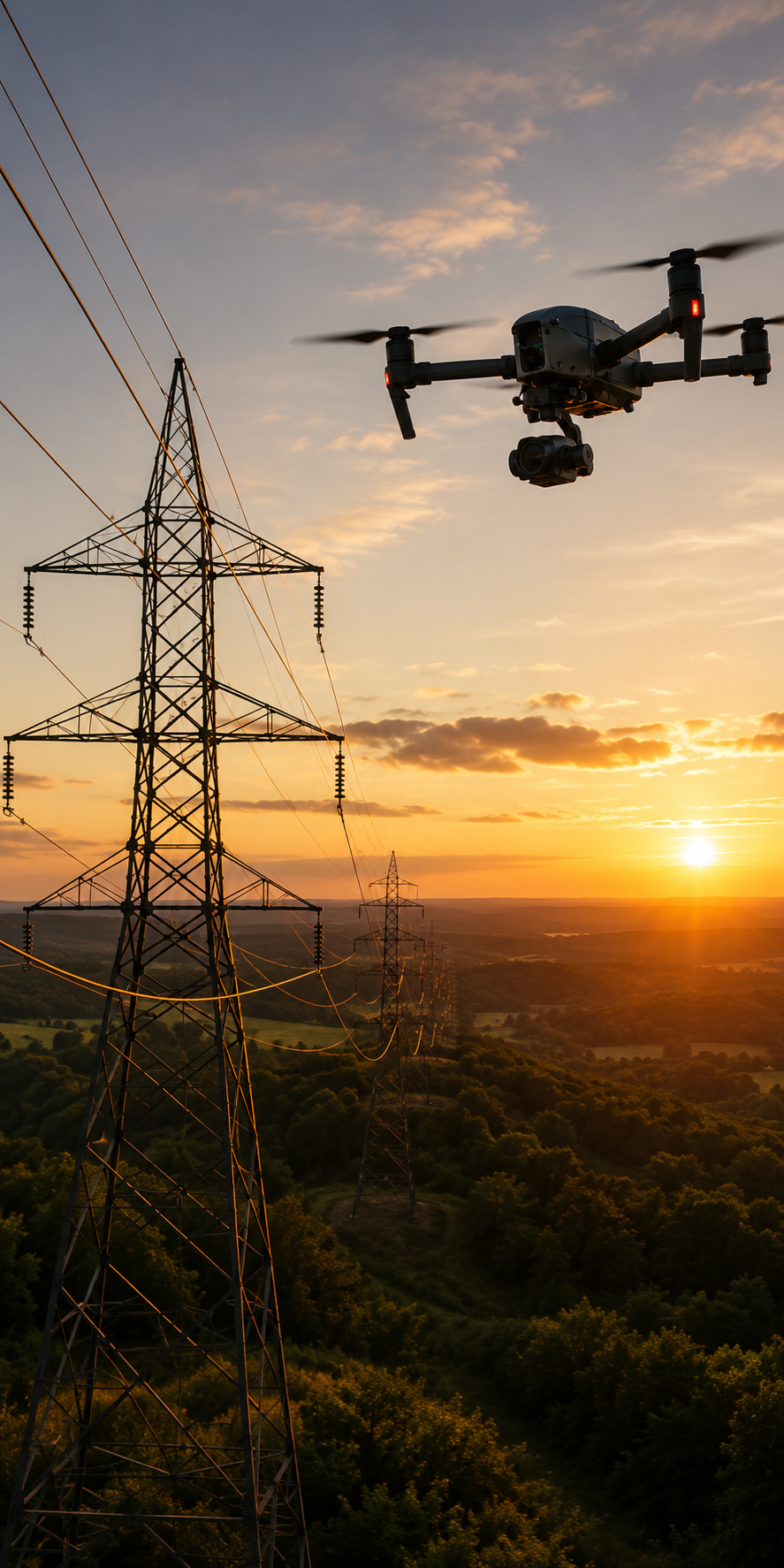 A drone flying near power lines during sunset over a landscape of trees and hills.