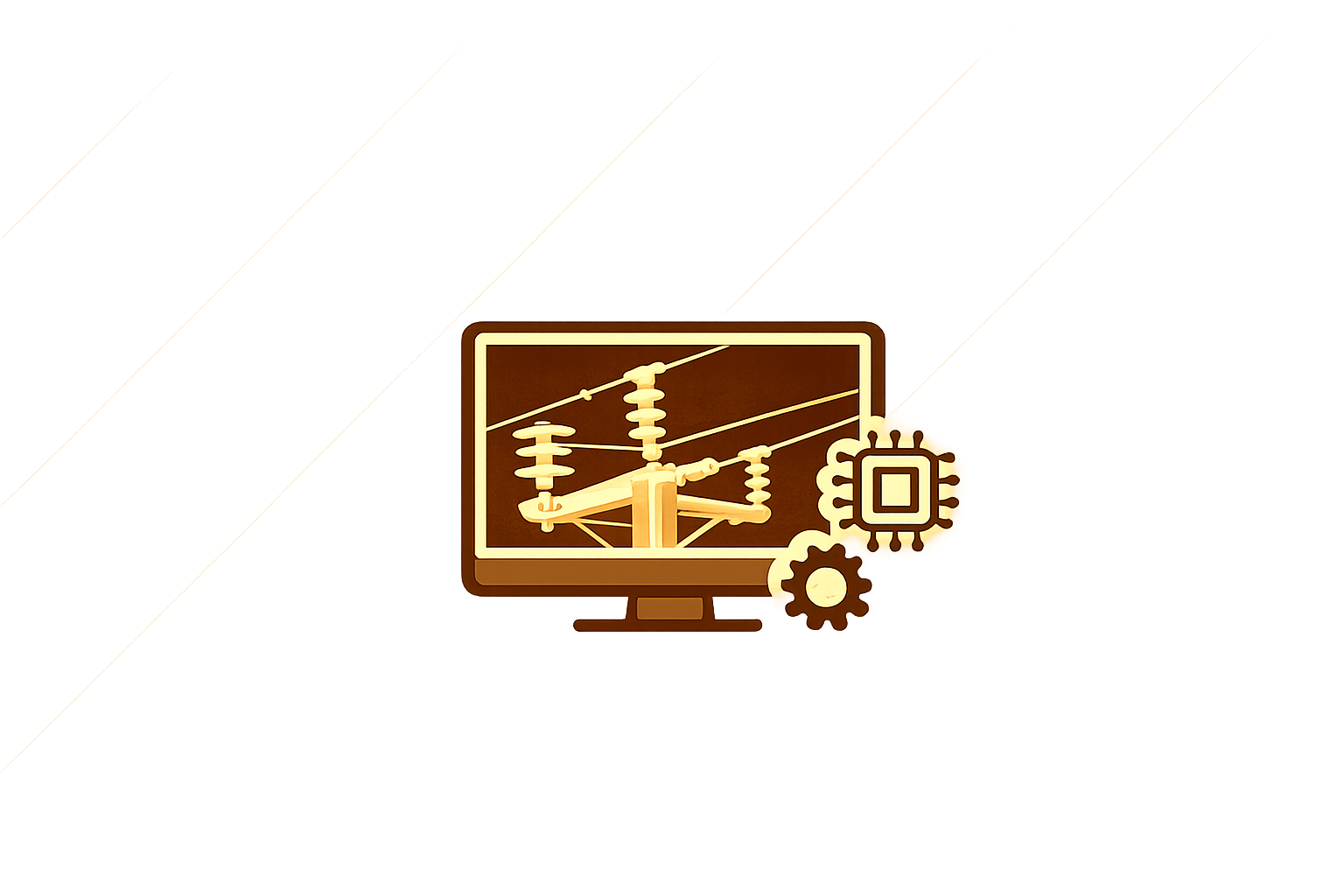 Illustration of a computer monitor displaying electrical power lines and transformers, with icons of a microchip and gear representing technology and engineering.