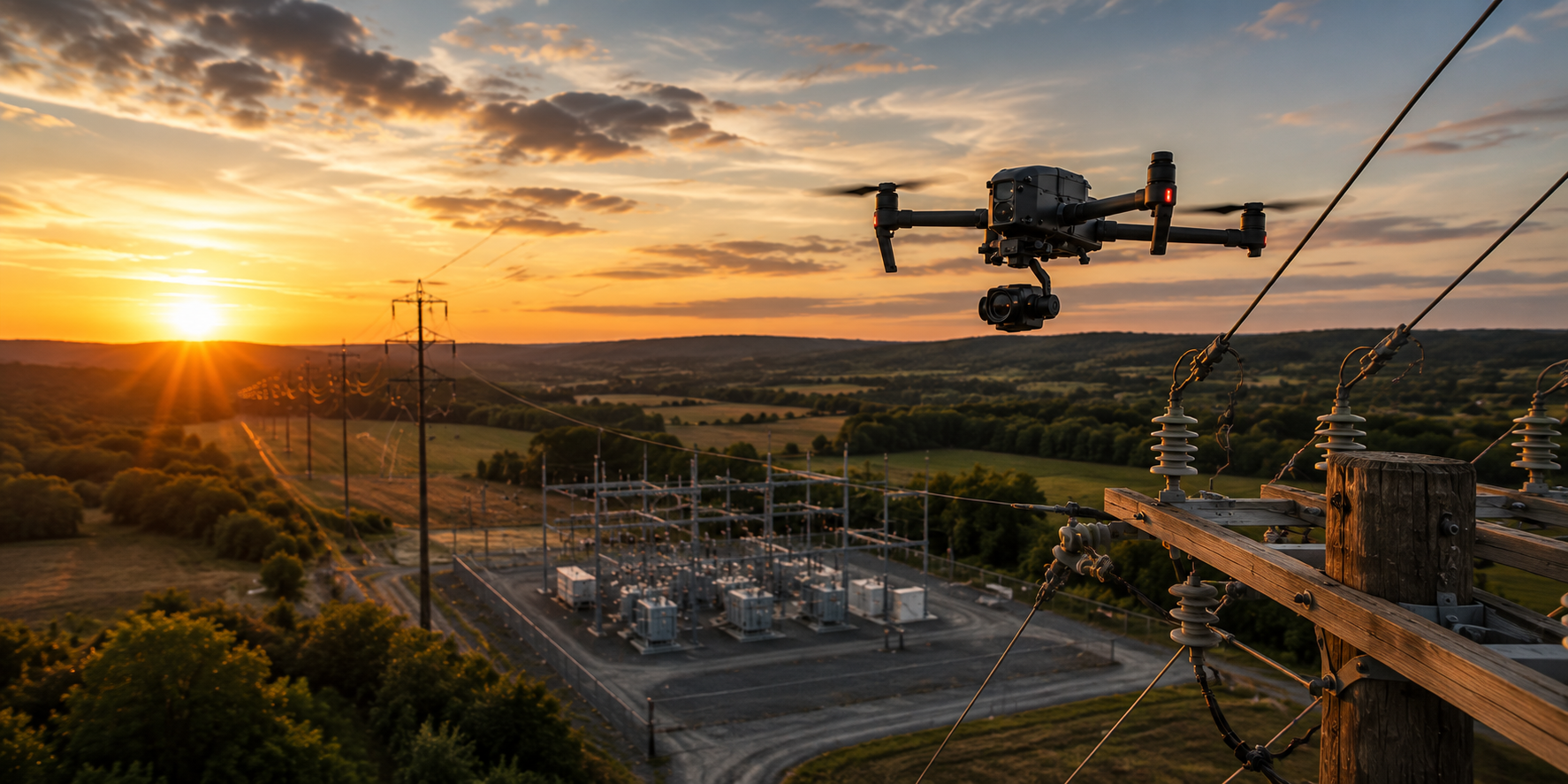 A drone flying near power lines during sunset over a rural landscape with hills and trees.
