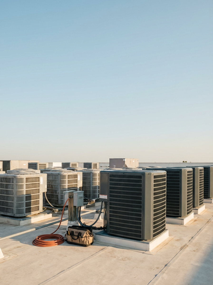 Multiple industrial air conditioning units installed on a building rooftop under a clear sky.