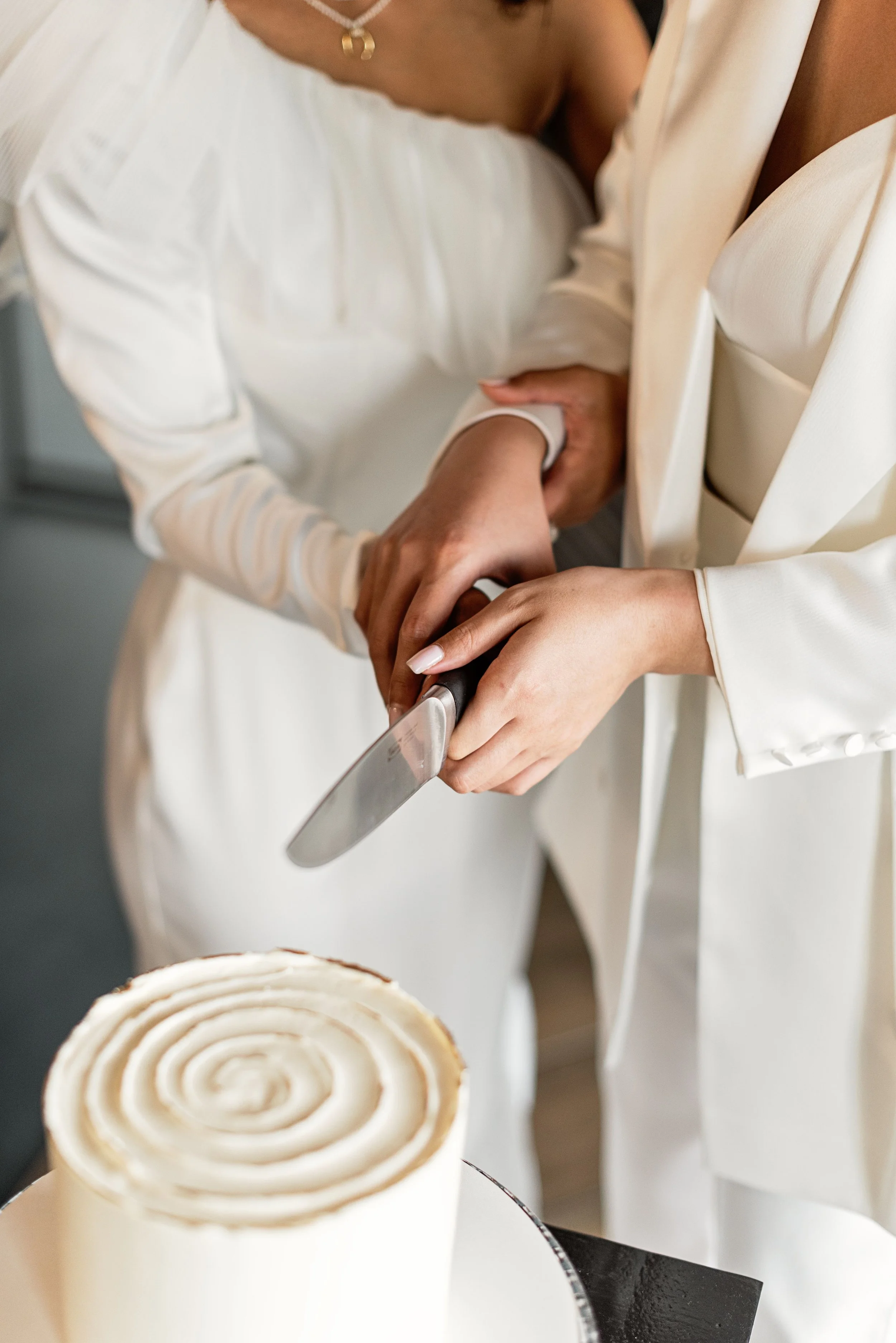 close up of lesbian couple cutting wedding cake