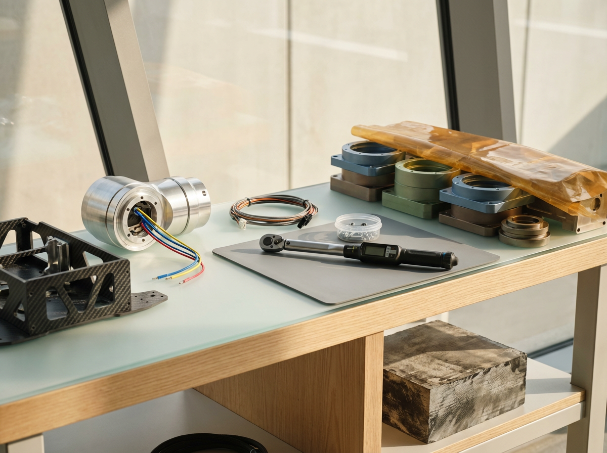 A workbench with mechanical parts, wires, a digital torque wrench, and various tools, set against a windowed background.