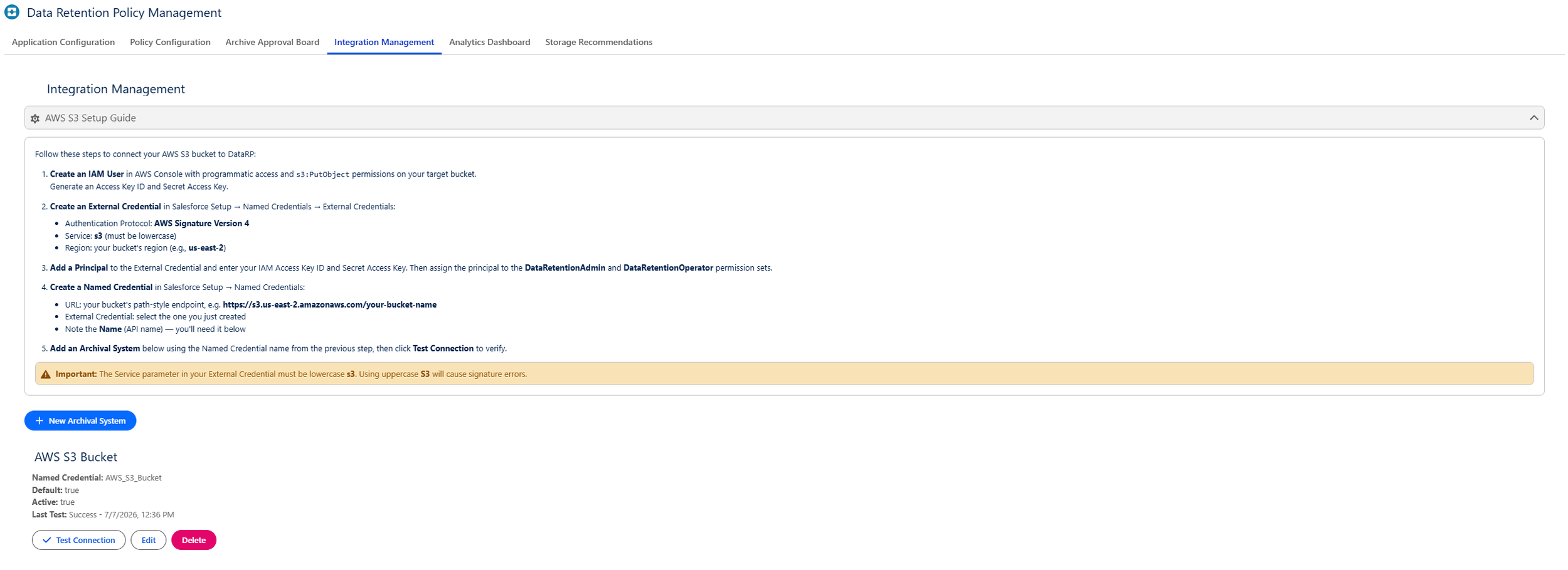 Screenshot of a data retention policy management interface with steps for AWS S3 bucket integration, including creating IAM users, credentials, and adding archival systems.