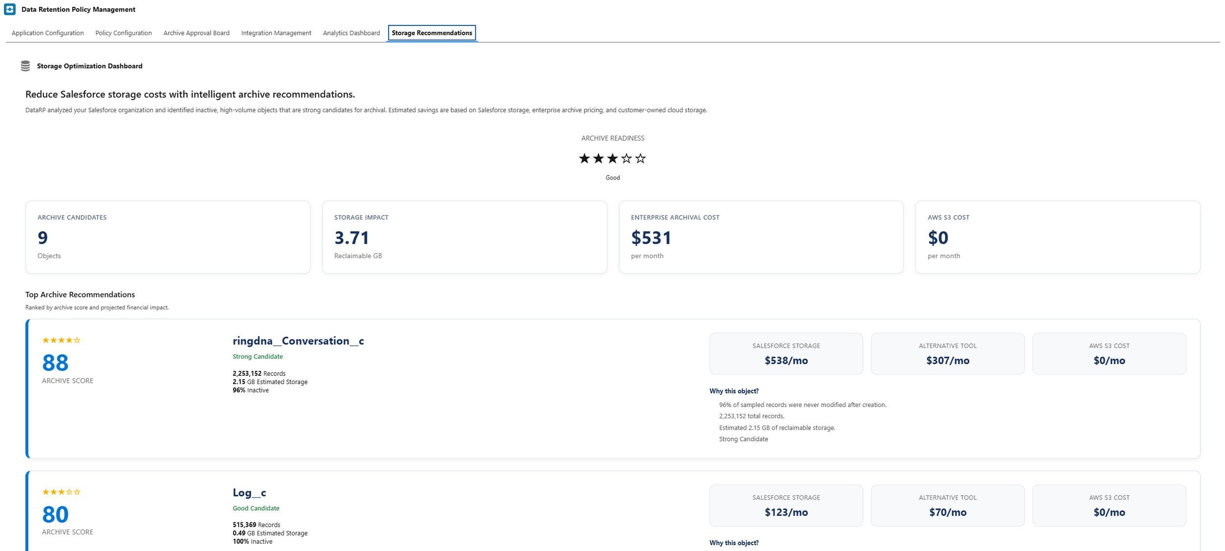 Screenshot of a data retention policy management dashboard focused on storage recommendations. It includes tabs such as Application Configuration, Policy Configuration, Archive Approval Board, Integration Management, Analytics Dashboard, Storage Recommendations. Highlights include a storage optimization dashboard, estimated savings on Salesforce storage, archive candidates, storage impact, enterprise archival costs, top archive recommendations with scores, and alternative storage options.