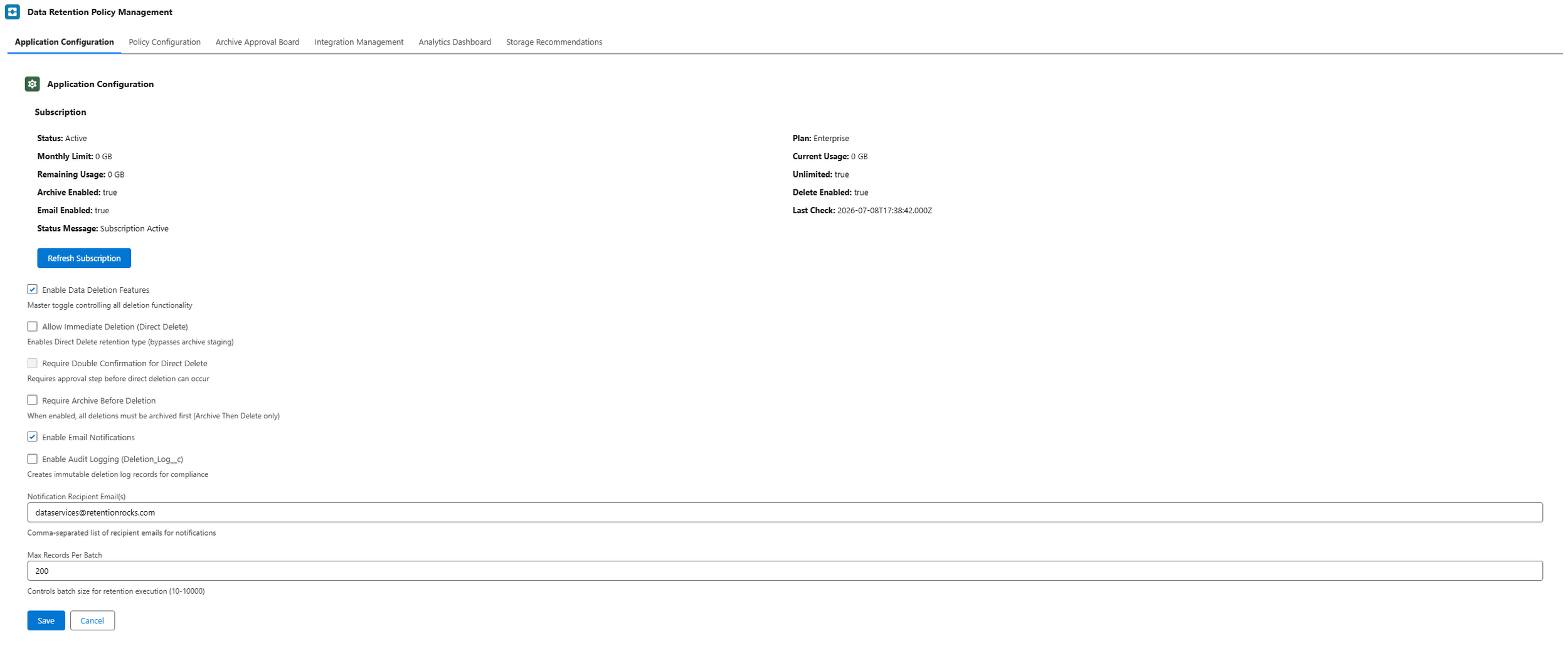 Screenshot of a data retention policy management dashboard with tabs and options for application configuration, subscription details, and settings for data deletion, notifications, and audit logging.