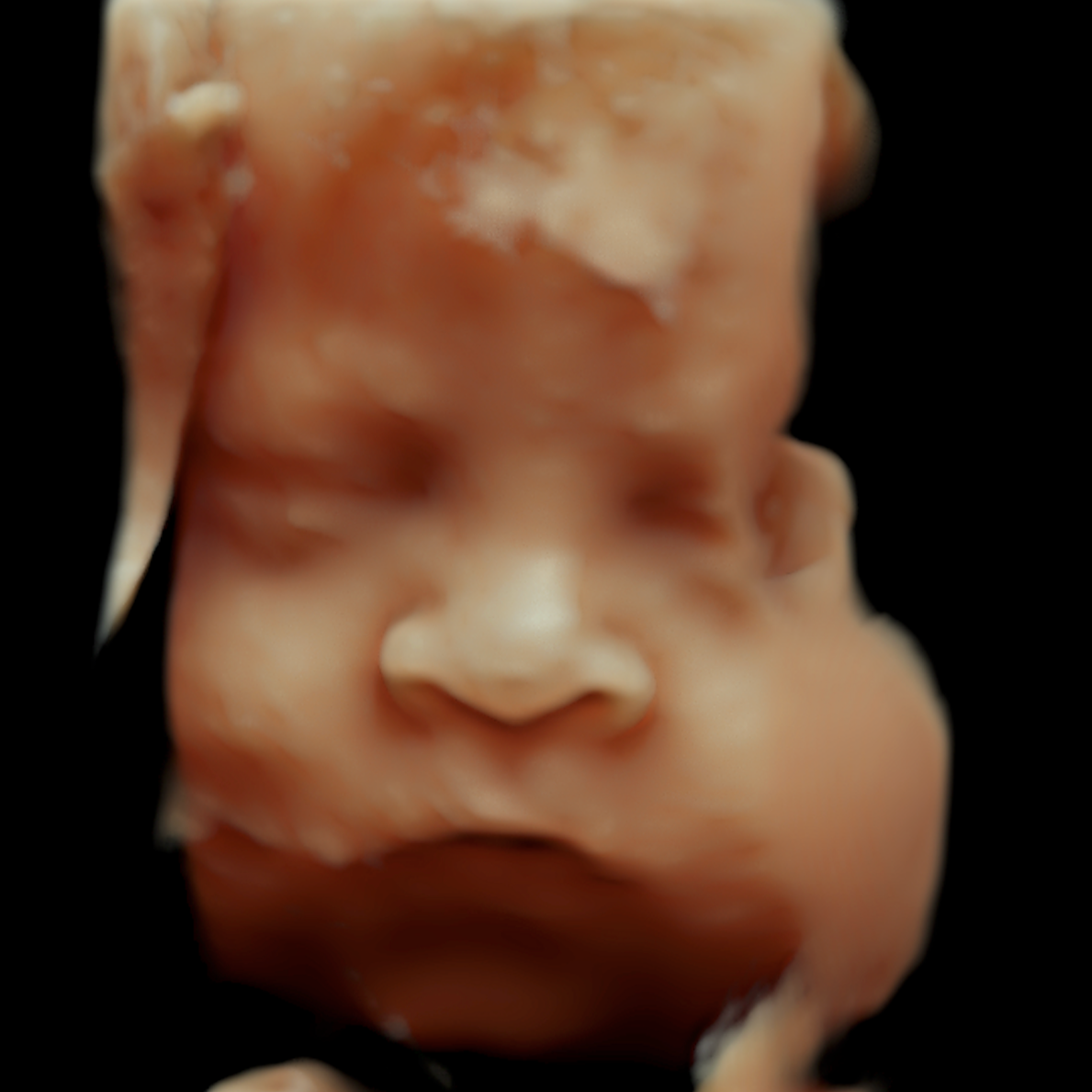 Close-up of a small, realistic baby doll face with closed eyes, a small nose, and closed mouth, made of soft material against a black background.