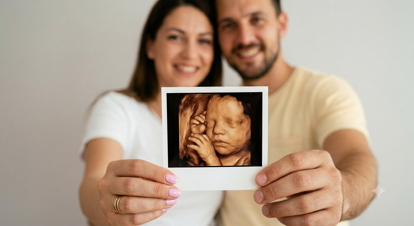 A couple holding a 3D ultrasound photo of their baby, smiling and standing against a plain wall.