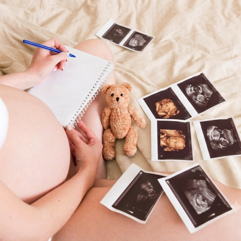 A pregnant woman sitting on a bed with ultrasound images spread around her, writing in a notebook. There is a small teddy bear by her side.