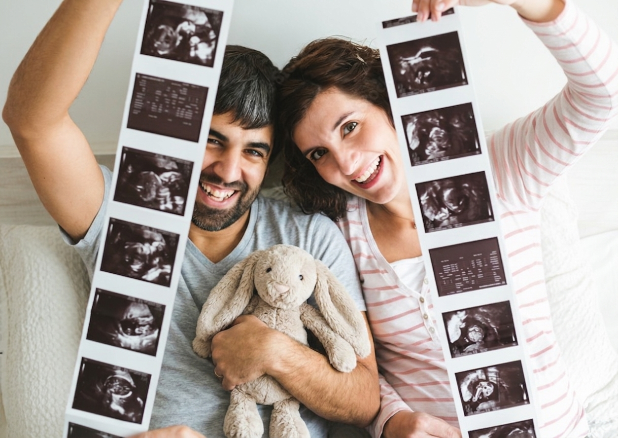 A smiling couple lying on a bed holding ultrasound photos, with a stuffed bunny, celebrating a pregnancy.