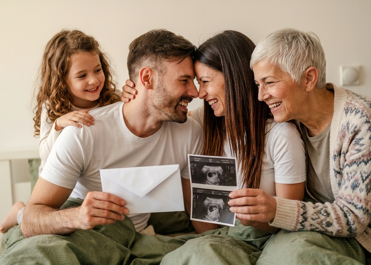 A family of four in a bedroom celebrating a pregnancy, with a son and grandmother smiling, as the parents hold ultrasound images of their unborn baby.